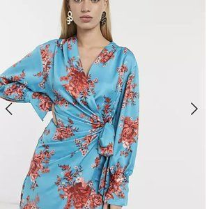 ASOS Turquoise & Pink Wrap Around Satin Dress Size 12